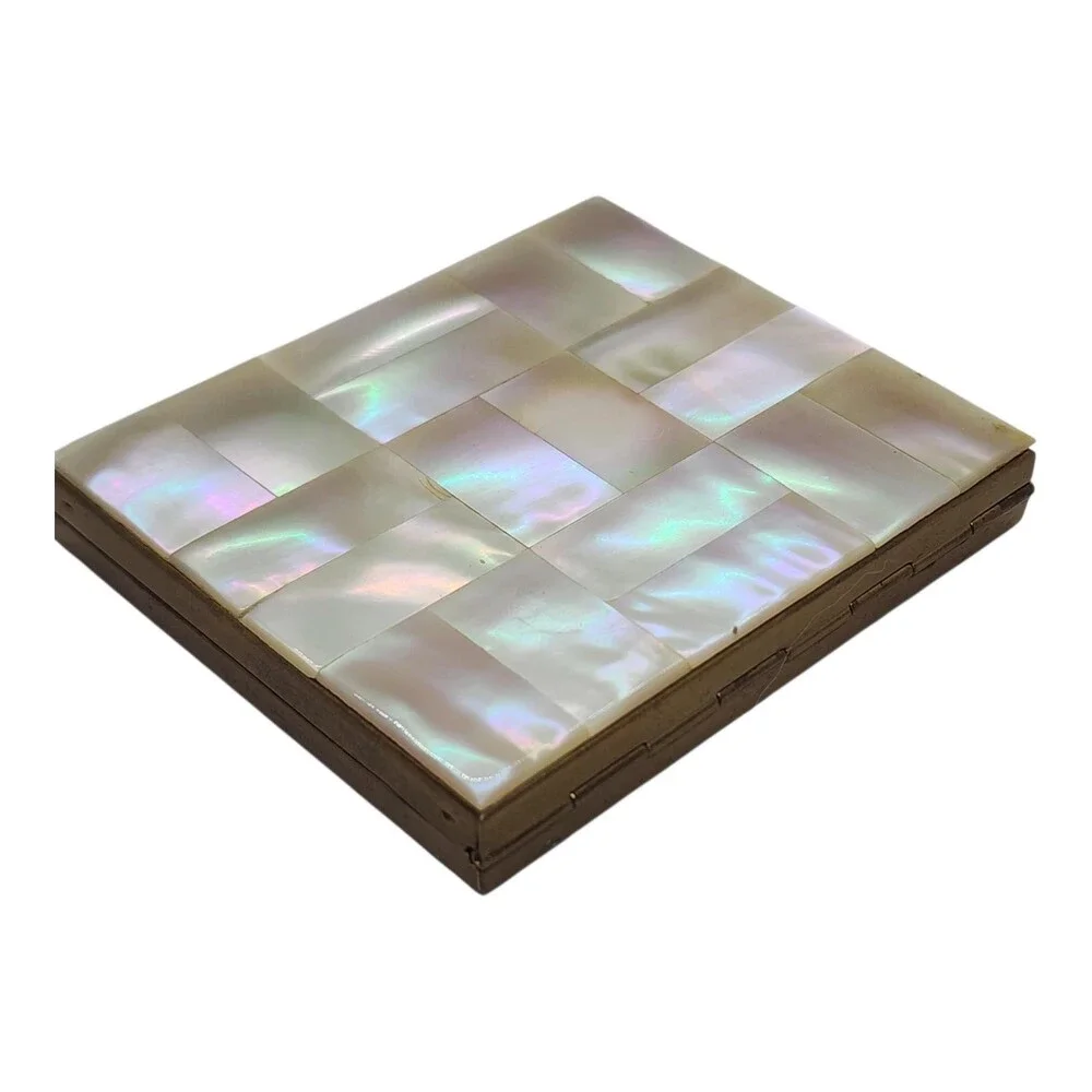 Vintage Mother of Pearl Inlay Powder Compact Basket Weave Gold Tone Mirror